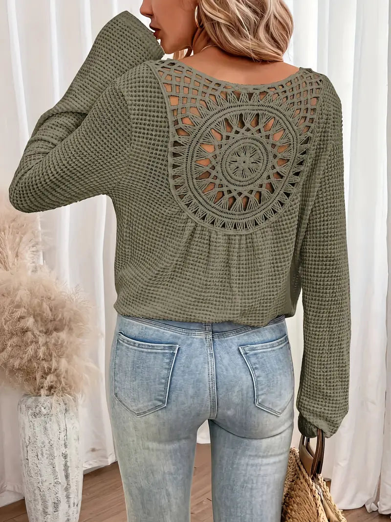 Celina | Women V-Neck Patterned Back Long Cuffed Sleeve Sweater