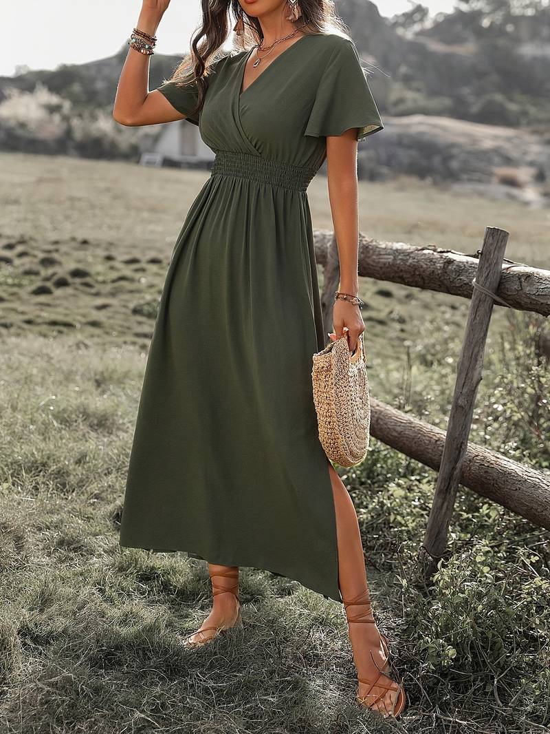 Mara | Boho Long V-Neck Dress with Slit - Motheero