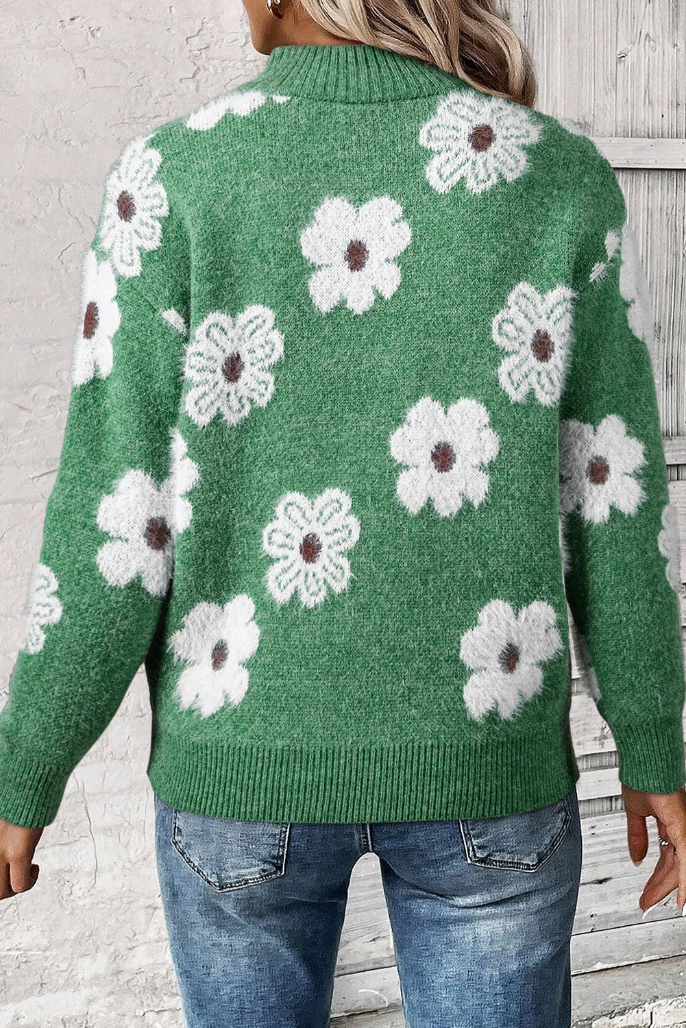 Nola | Floral Knit Half Zip with High Neck Ribbed Collar Pullover