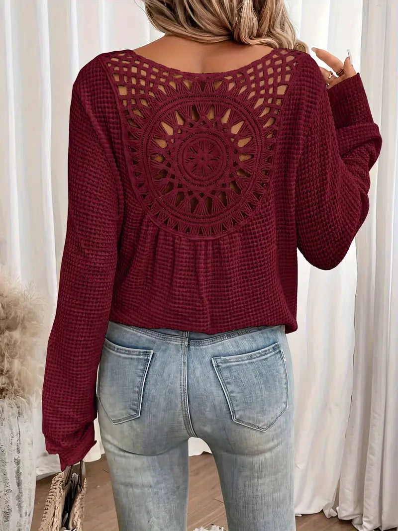 Celina | Women V-Neck Patterned Back Long Cuffed Sleeve Sweater