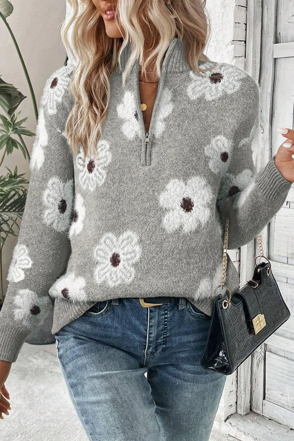 Nola | Floral Knit Half Zip with High Neck Ribbed Collar Pullover