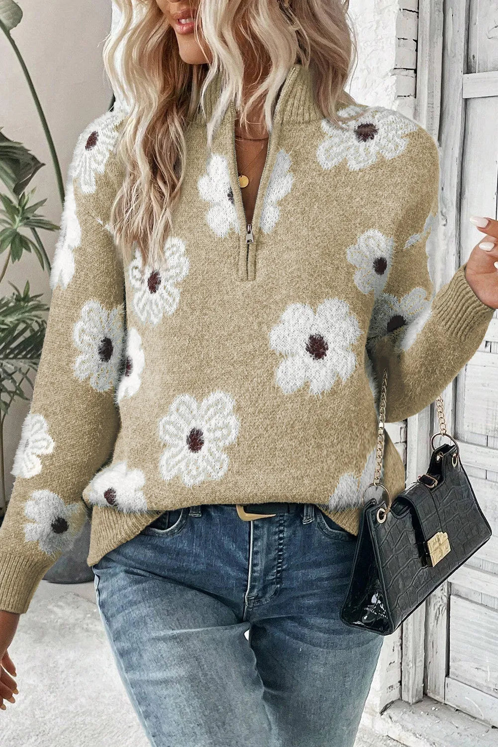 Nola | Floral Knit Half Zip with High Neck Ribbed Collar Pullover