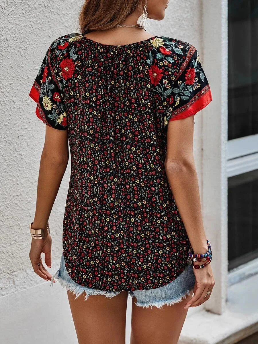 Nerina | Versatile Short‑Sleeve Floral Blouse - Motheero