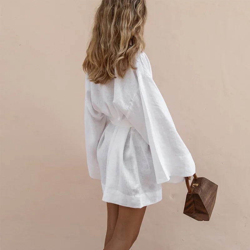 Aria | Short Long Sleeve Dress with Tie Waist - Motheero