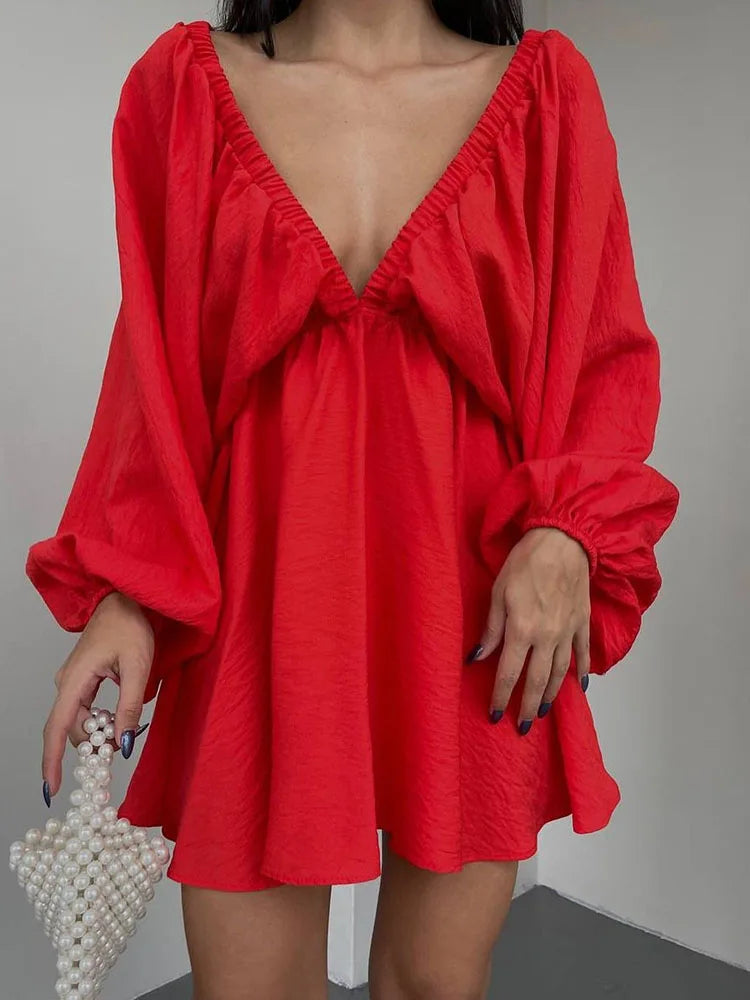 Mara | Deep V-Neckline With Long Sleeve Mini Dress - Motheero