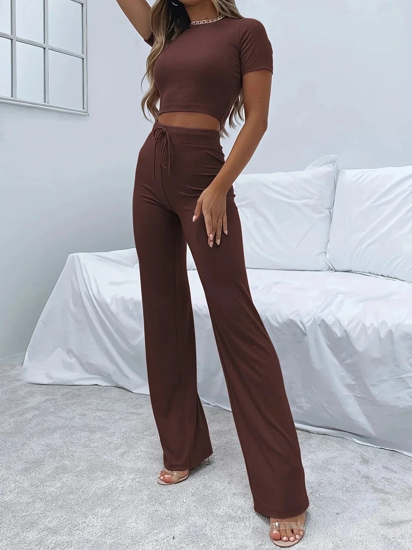 Lynette | Casual Two pieces Cropped Top Trouser Set