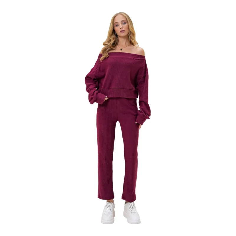 Rohana | Loungewear Relaxed Set Off Shoulder Sweatshirt and Trousers
