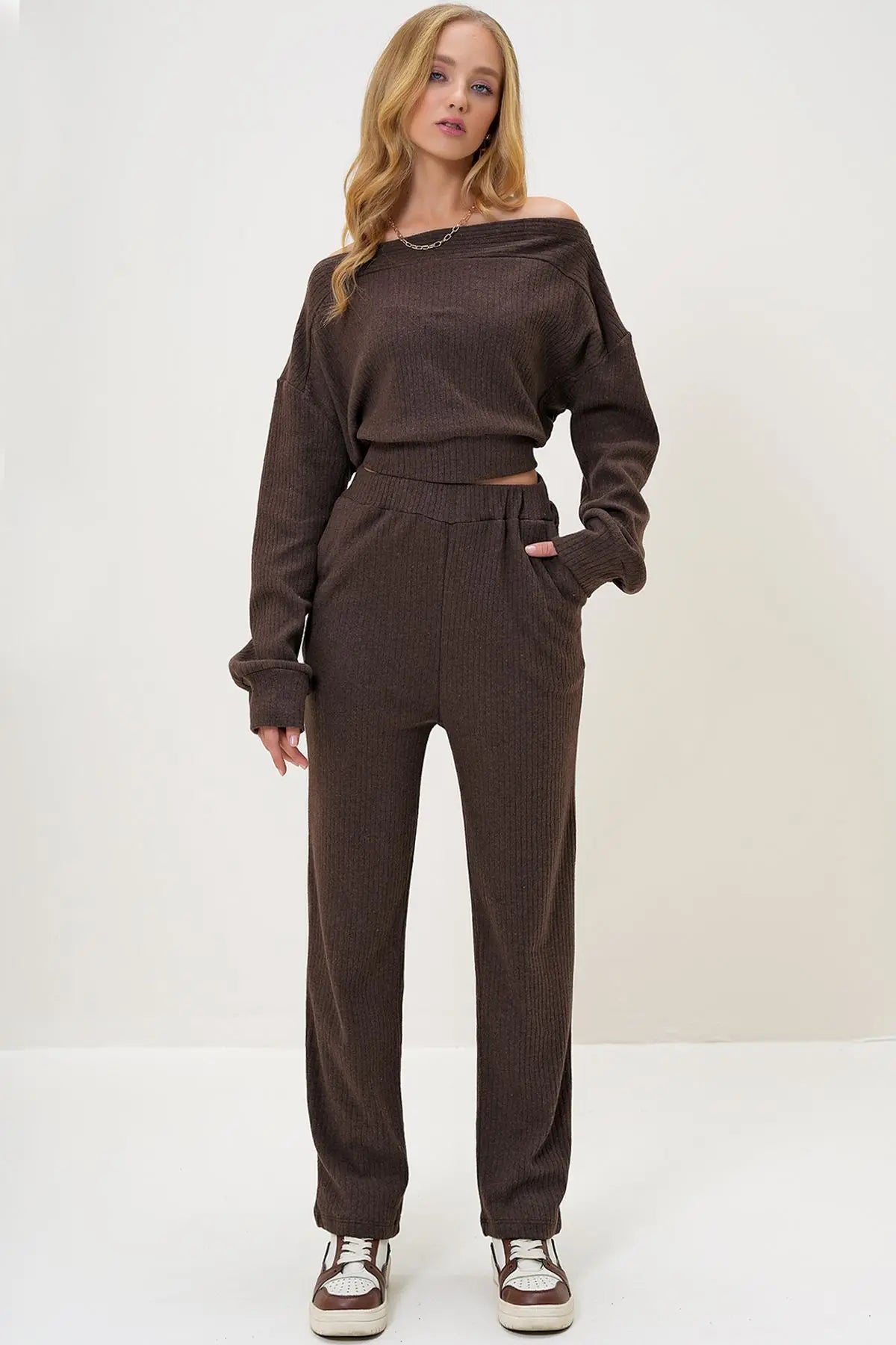 Rohana | Loungewear Relaxed Set Off Shoulder Sweatshirt and Trousers