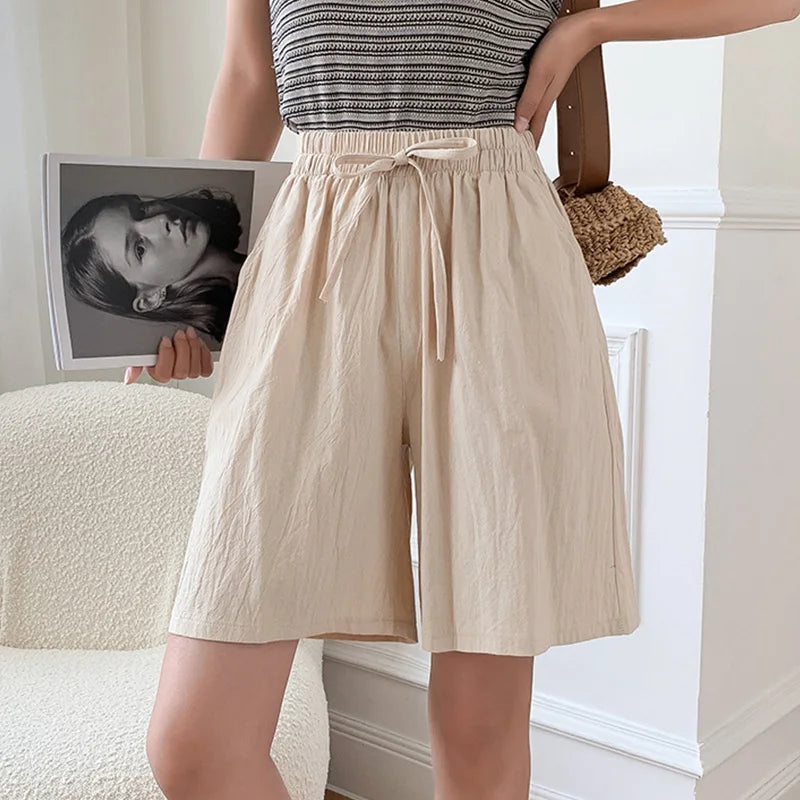 Elara | Cotton Linen Mid-Length Ribbon Tie Shorts
