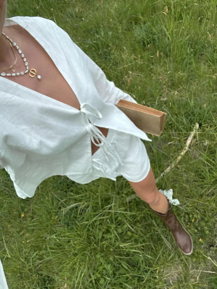 Serena | Long‑Sleeve Lace‑Up Shirt - Motheero