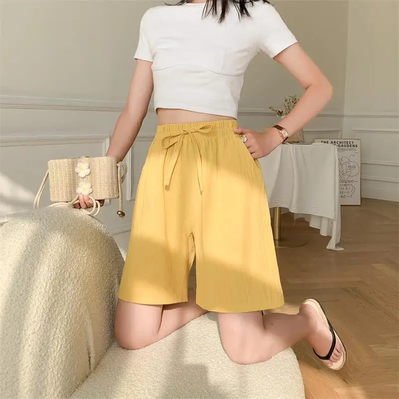 Elara | Cotton Linen Mid-Length Ribbon Tie Shorts