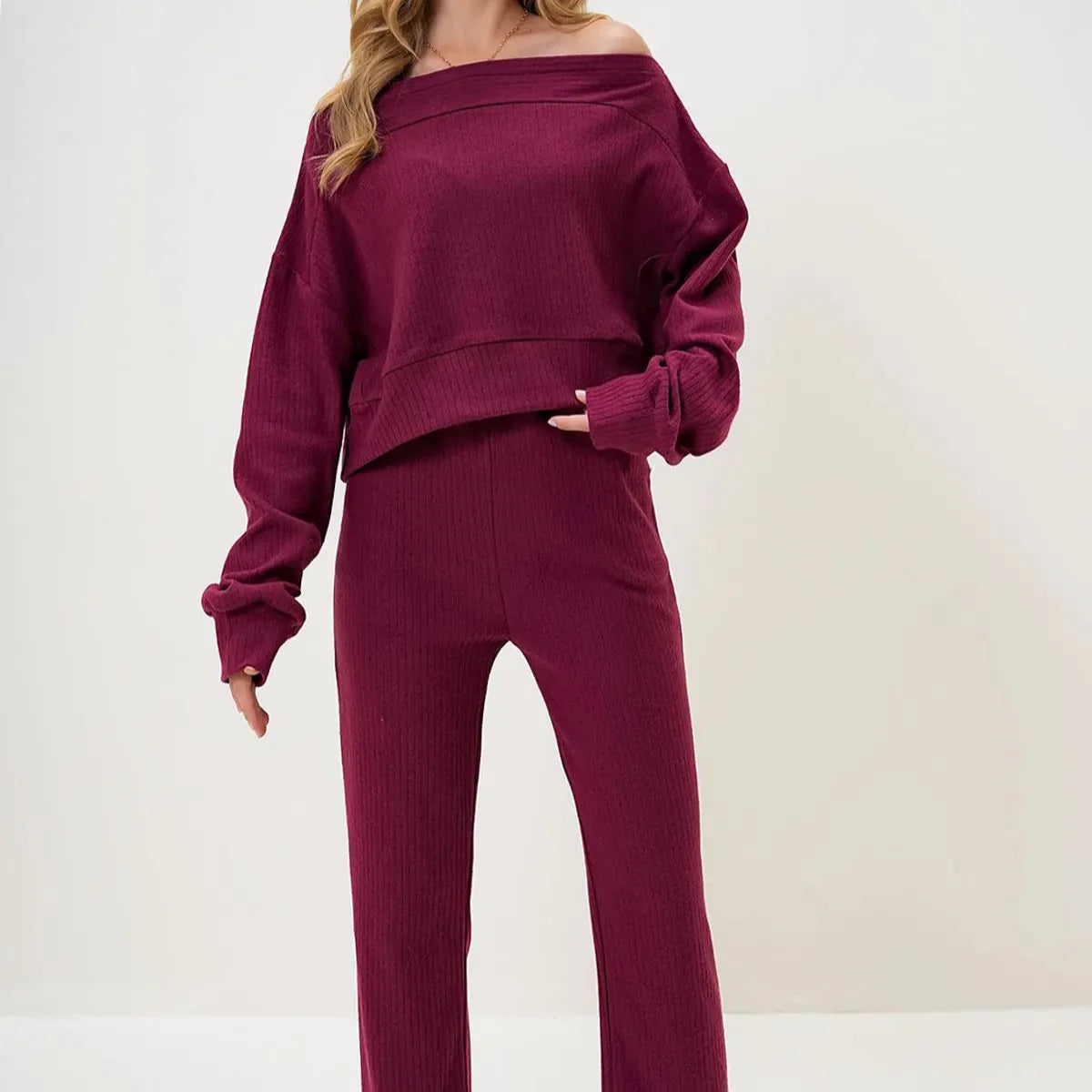 Rohana | Loungewear Relaxed Set Off Shoulder Sweatshirt and Trousers