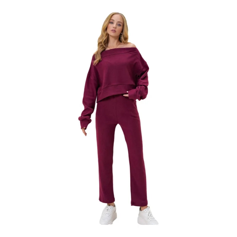 Rohana | Loungewear Relaxed Set Off Shoulder Sweatshirt and Trousers