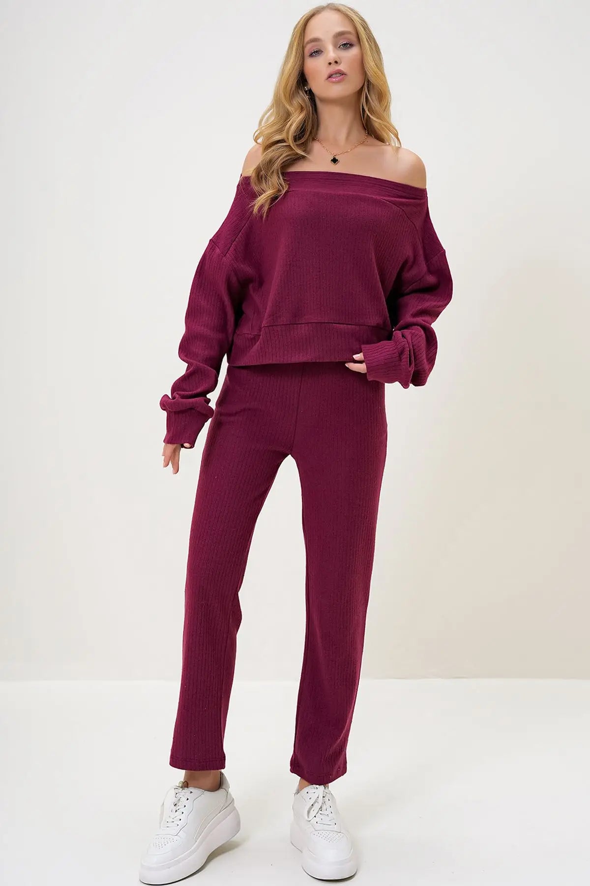 Rohana | Loungewear Relaxed Set Off Shoulder Sweatshirt and Trousers