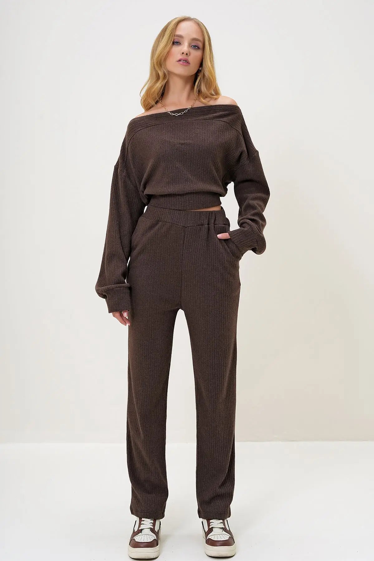 Rohana | Loungewear Relaxed Set Off Shoulder Sweatshirt and Trousers