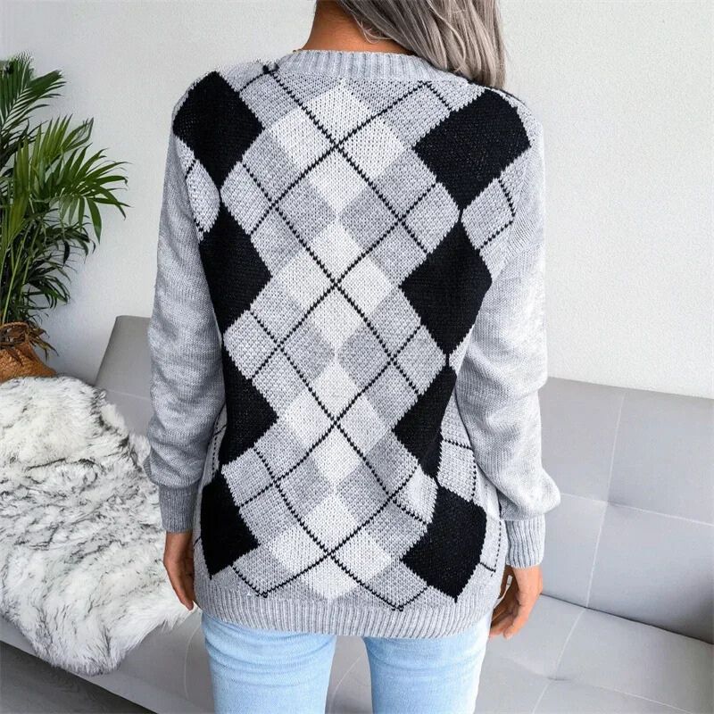 Ella | Women Argyle Wool V‑Neck Sweater