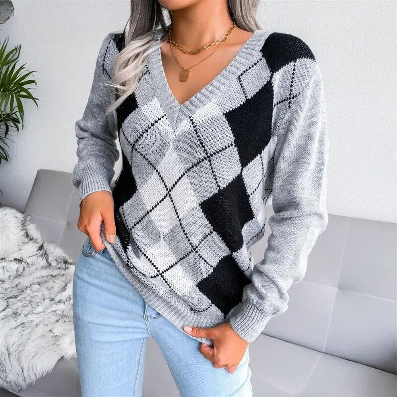Ella | Women Argyle Wool V‑Neck Sweater