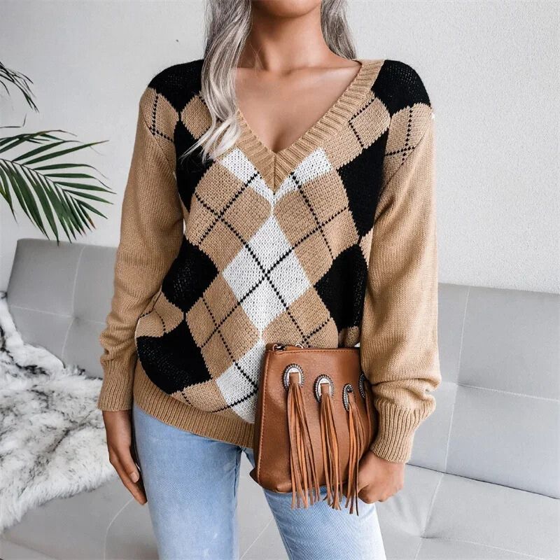 Ella | Women Argyle Wool V‑Neck Sweater