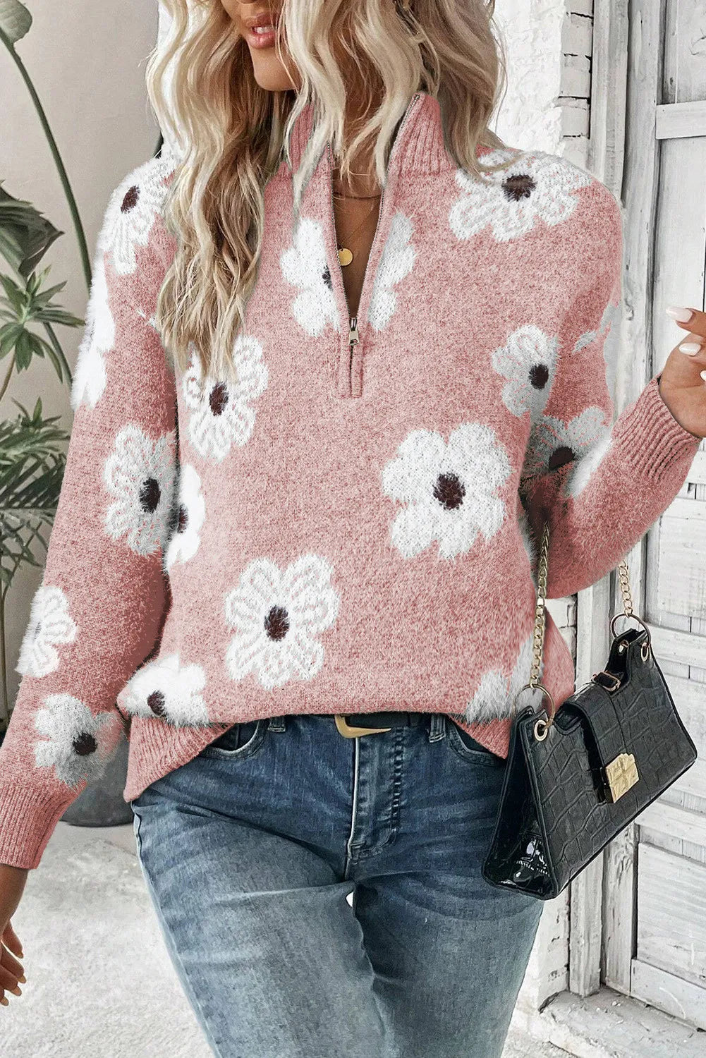 Nola | Floral Knit Half Zip with High Neck Ribbed Collar Pullover