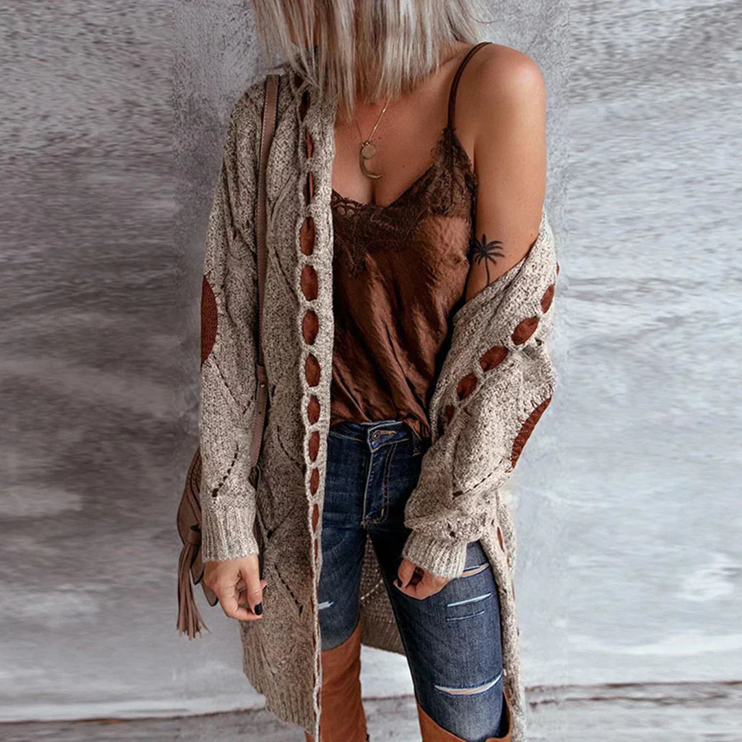 Amaya | Trendy Knit with Contrast Patches Long Cardigan