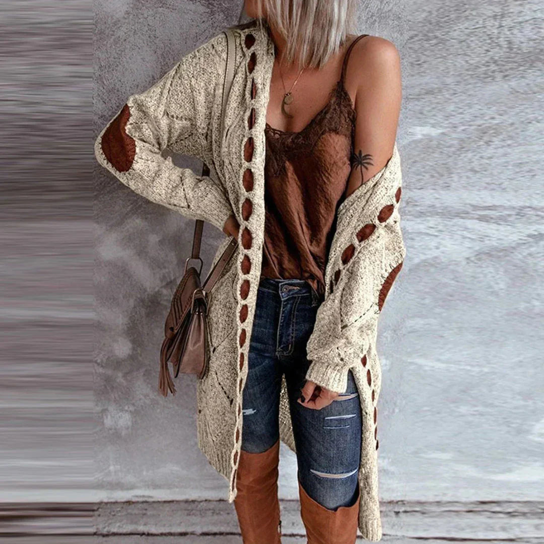 Amaya | Trendy Knit with Contrast Patches Long Cardigan