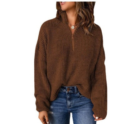 Nerina | High Stand Collar Zip Neck Long Sleeve Pullover