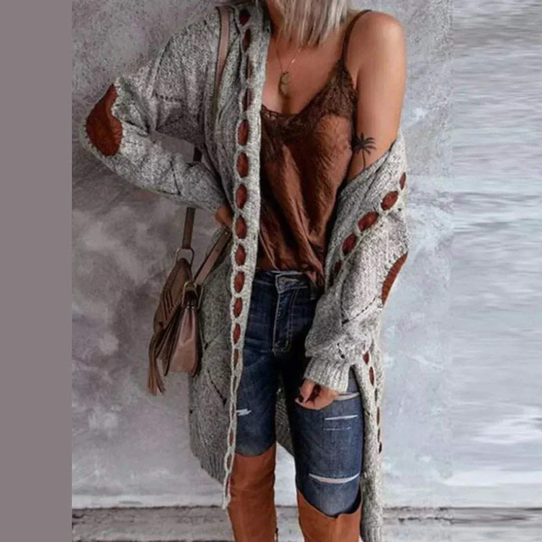 Amaya | Trendy Knit with Contrast Patches Long Cardigan