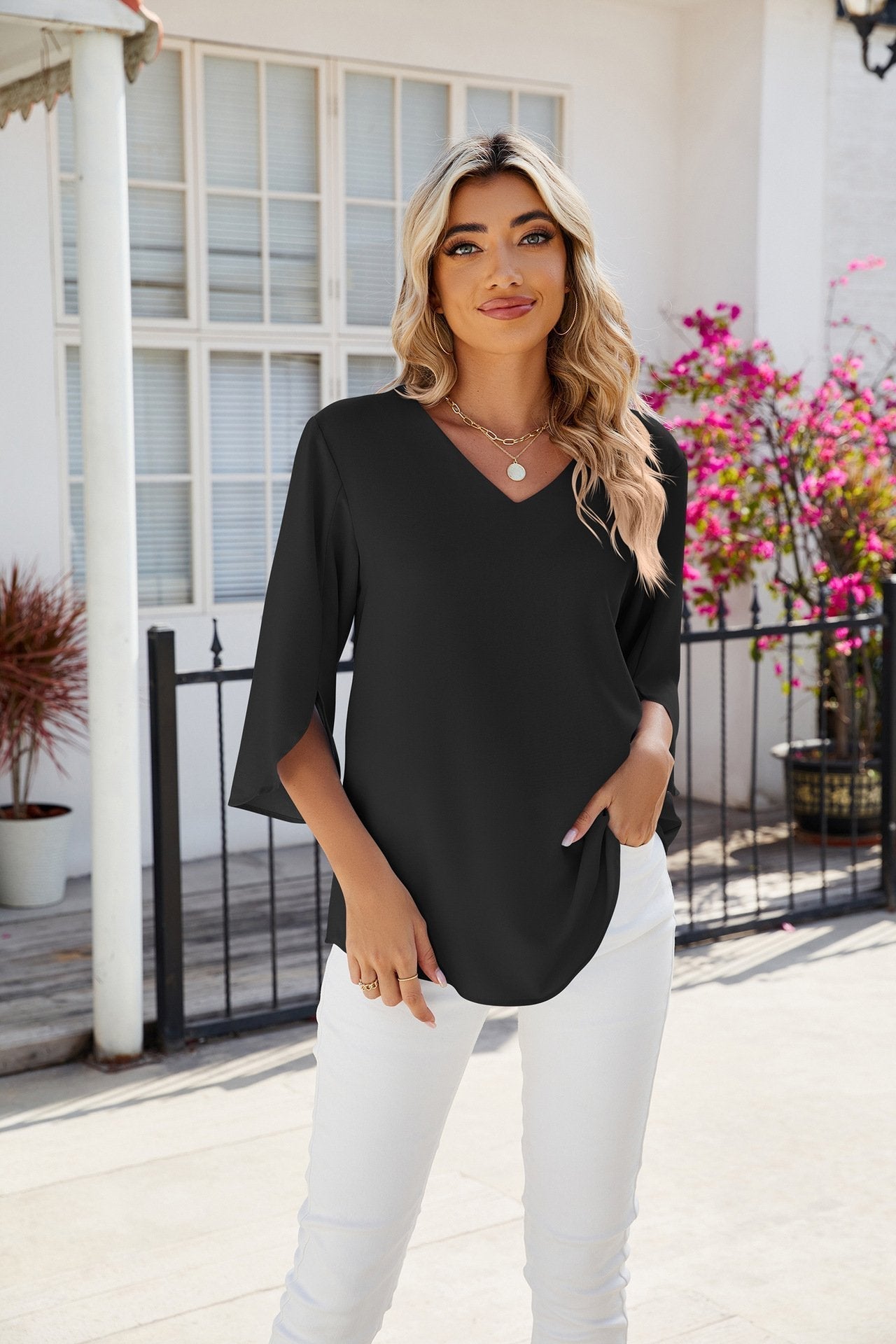 Barbara | Elegant V‑Neck Blouse - Motheero