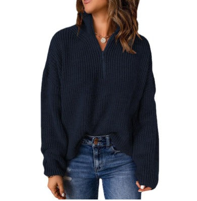Nerina | High Stand Collar Zip Neck Long Sleeve Pullover