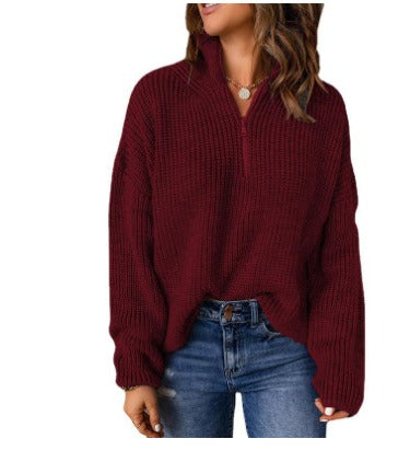 Nerina | High Stand Collar Zip Neck Long Sleeve Pullover