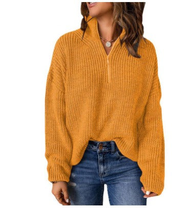 Nerina | High Stand Collar Zip Neck Long Sleeve Pullover