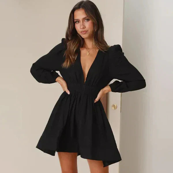 Celini | Deep V-Neck Short Dress with Puff Long Sleeves - Motheero