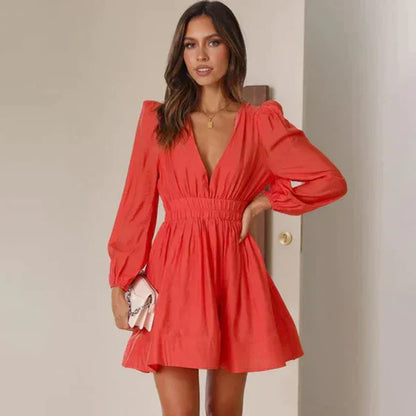 Celini | Deep V-Neck Short Dress with Puff Long Sleeves - Motheero