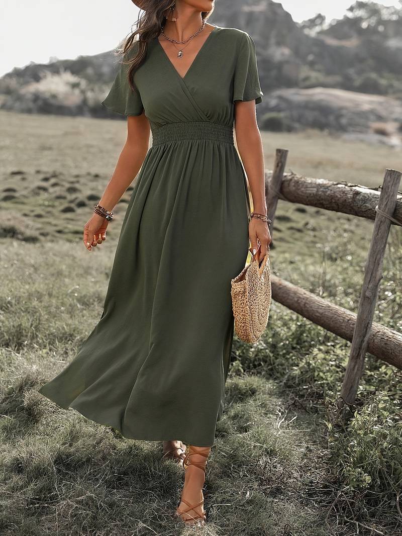 Mara | Boho Long V-Neck Dress with Slit - Motheero