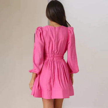 Celini | Deep V-Neck Short Dress with Puff Long Sleeves - Motheero