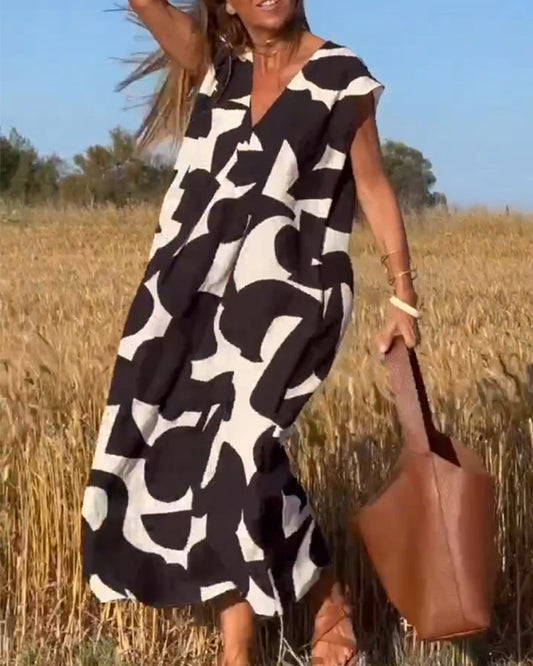 Lina | Printed V-Neck Maxi Dress - Motheero