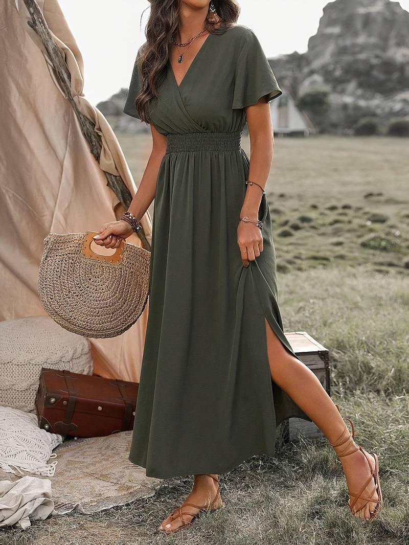 Mara | Boho Long V-Neck Dress with Slit - Motheero