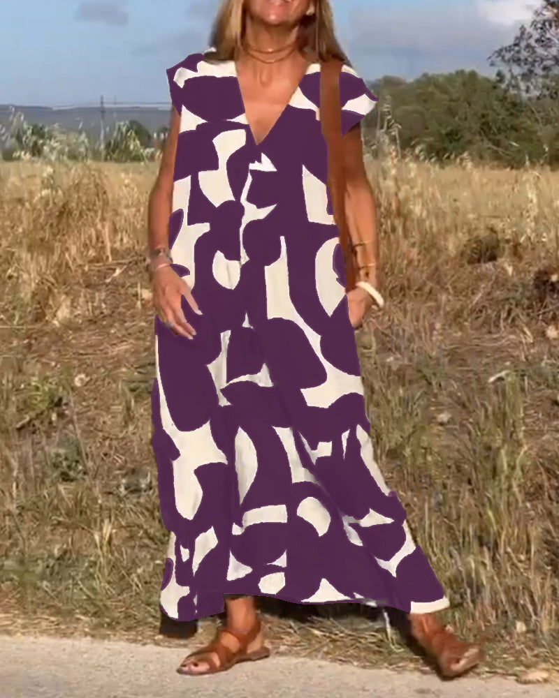 Lina | Printed V-Neck Maxi Dress - Motheero