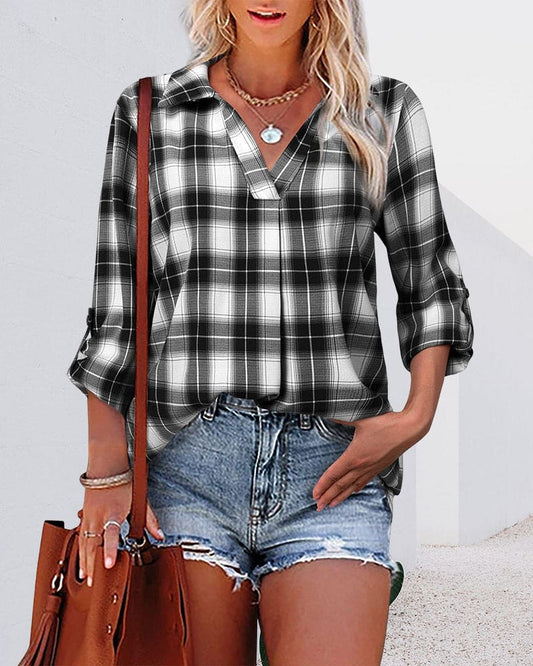 Celina | Checked V‑Neck Blouse - Motheero