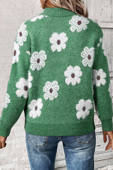 Nola | Floral Knit Half Zip with High Neck Ribbed Collar Pullover