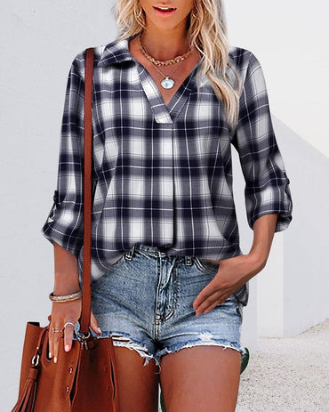 Celina | Checked V‑Neck Blouse - Motheero