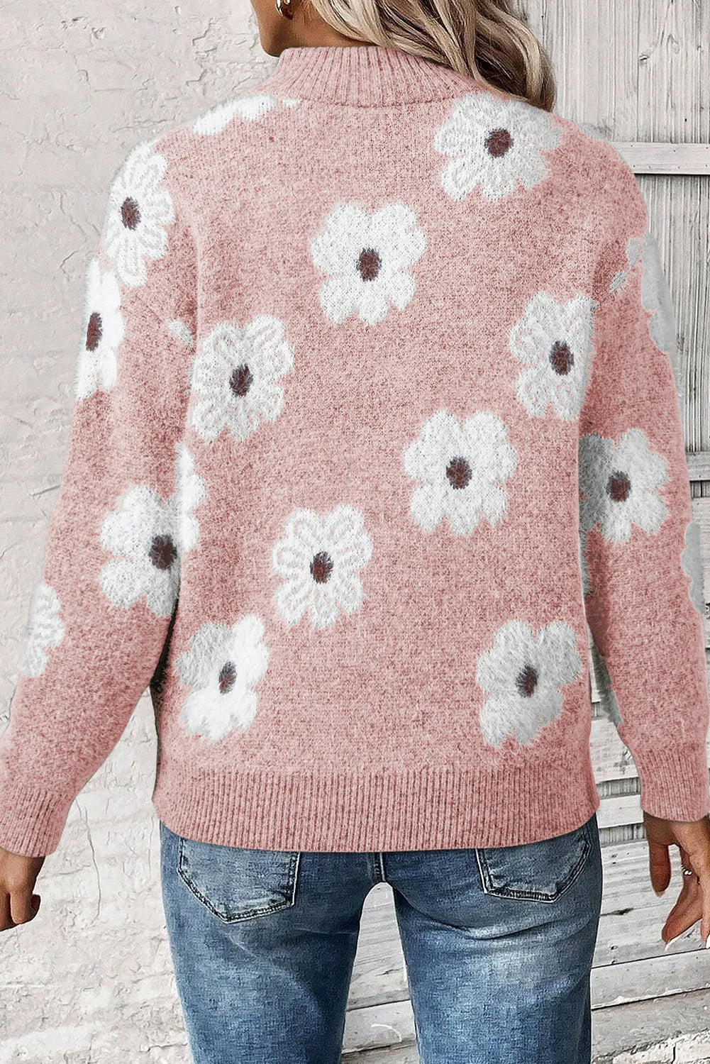 Nola | Floral Knit Half Zip with High Neck Ribbed Collar Pullover