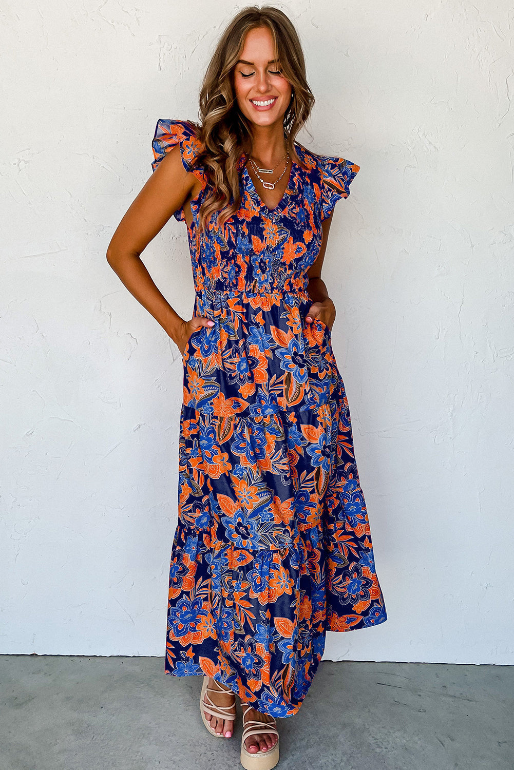 Liana | Floral V-Neck Dress with Ruffles - Motheero