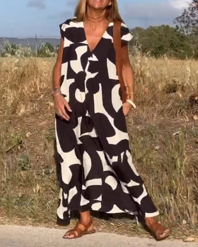 Lina | Printed V-Neck Maxi Dress - Motheero