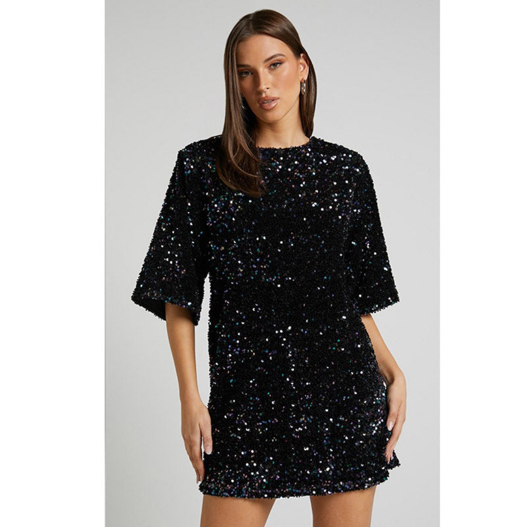 Kyna | Sparkly Mini Dress with Half Sleeves - Motheero
