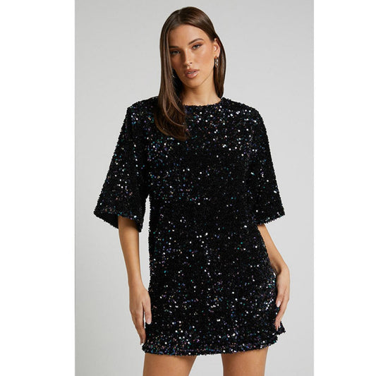 Kyna | Sparkly Mini Dress with Half Sleeves - Motheero