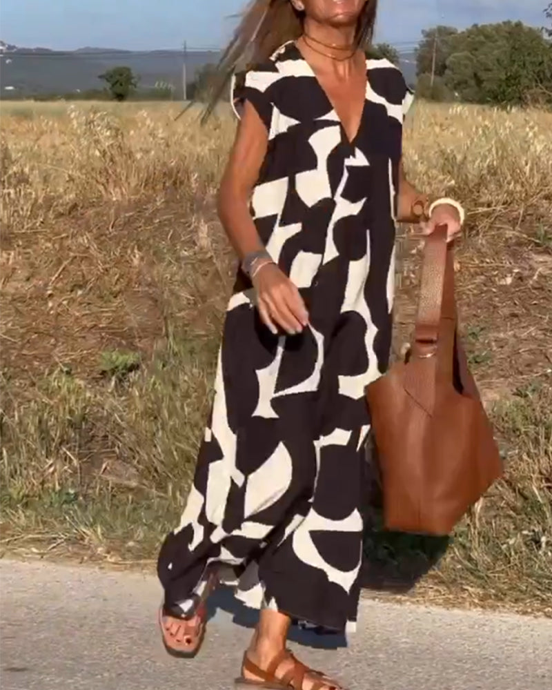 Lina | Printed V-Neck Maxi Dress - Motheero