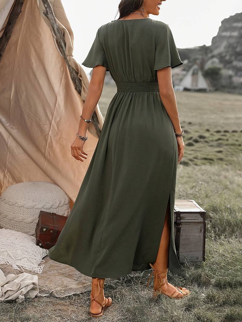 Mara | Boho Long V-Neck Dress with Slit - Motheero