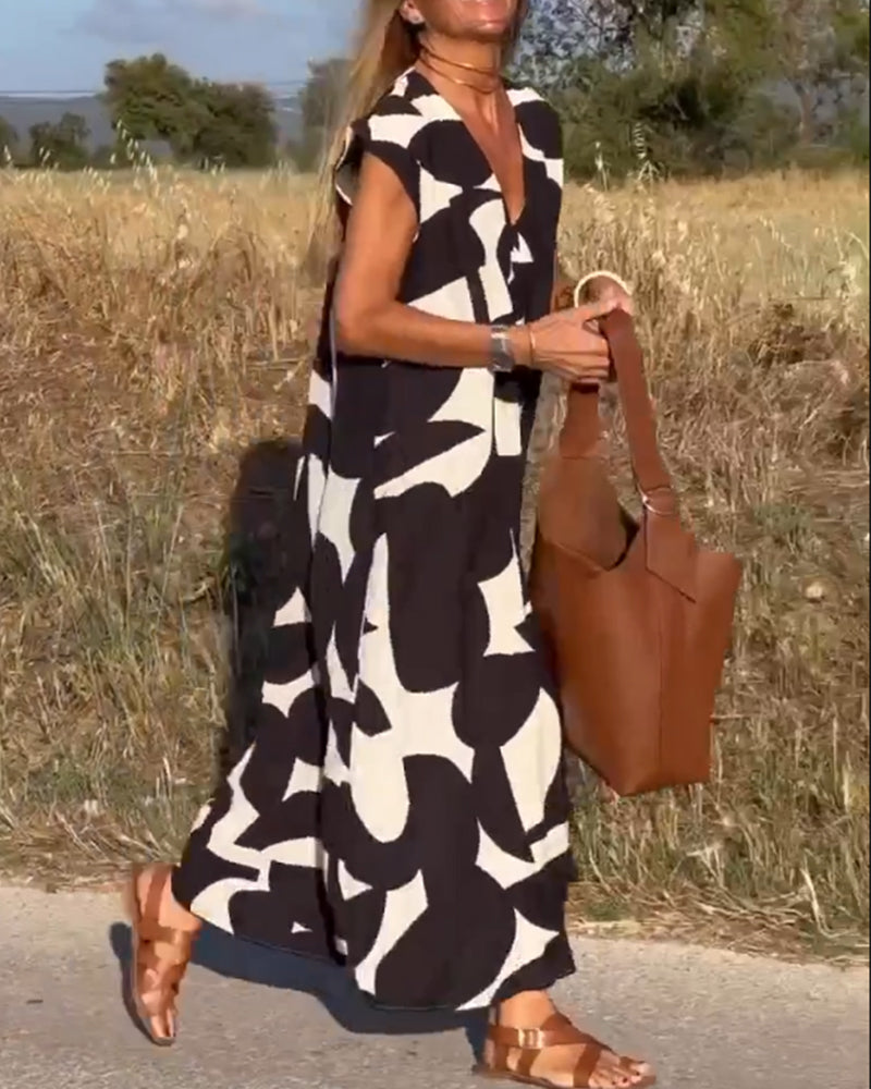 Lina | Printed V-Neck Maxi Dress - Motheero