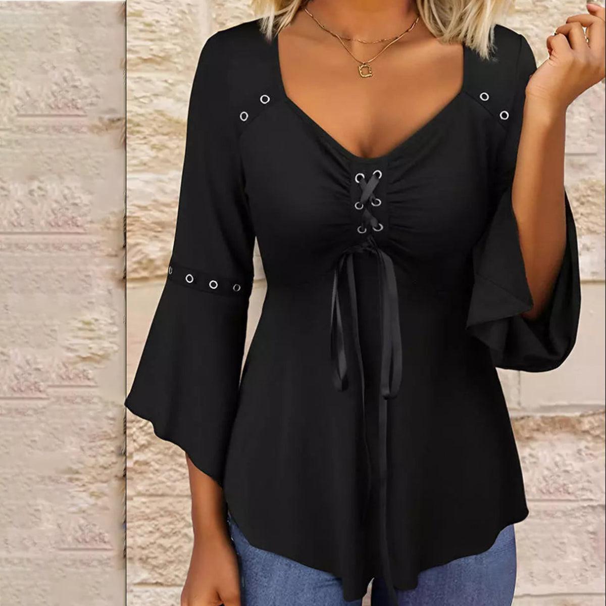 Nora | Lace-Up V-Neck Blouse - Motheero
